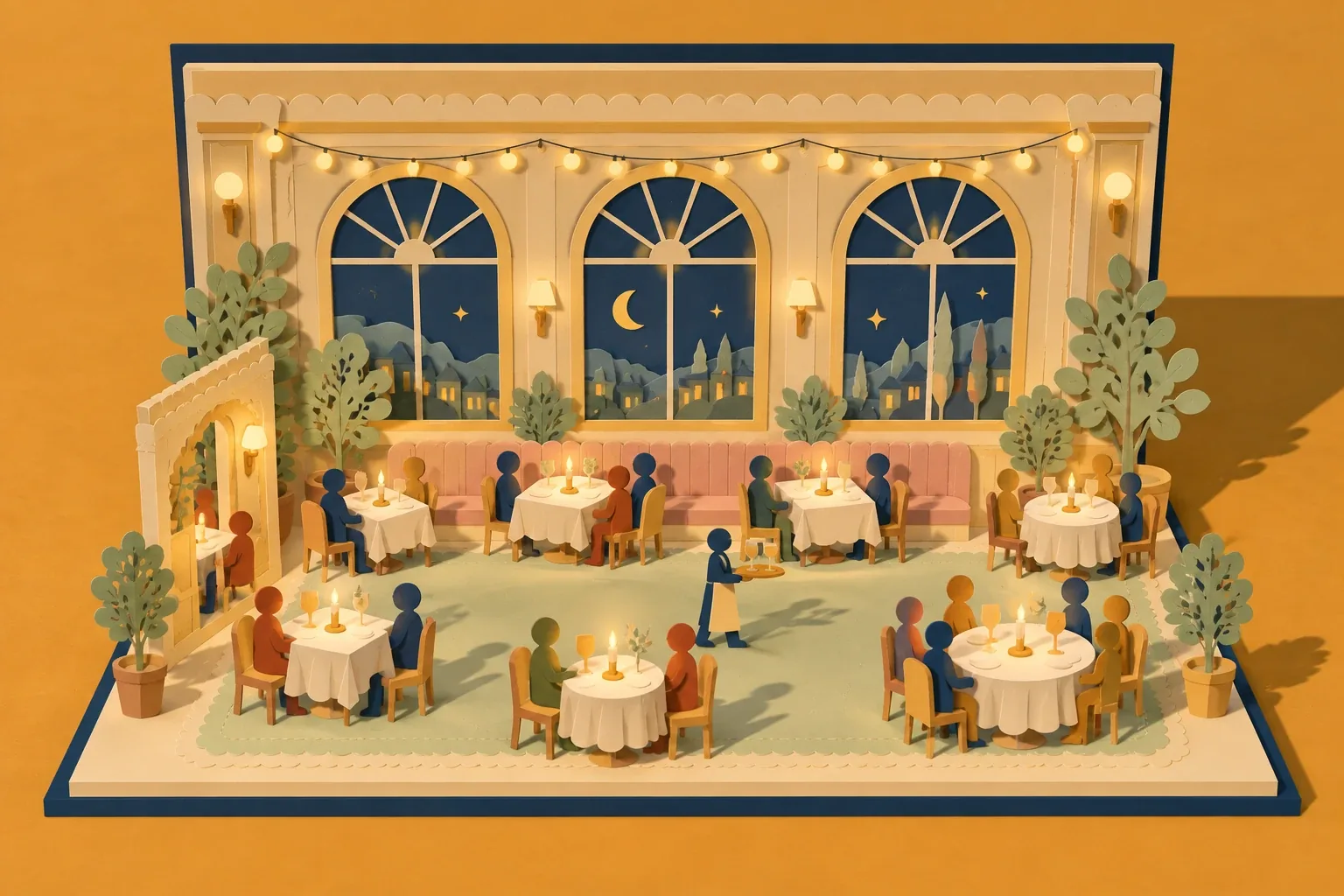 Paper-craft illustration of a candlelit dining room at night, with guests at every table and a server carrying a tray