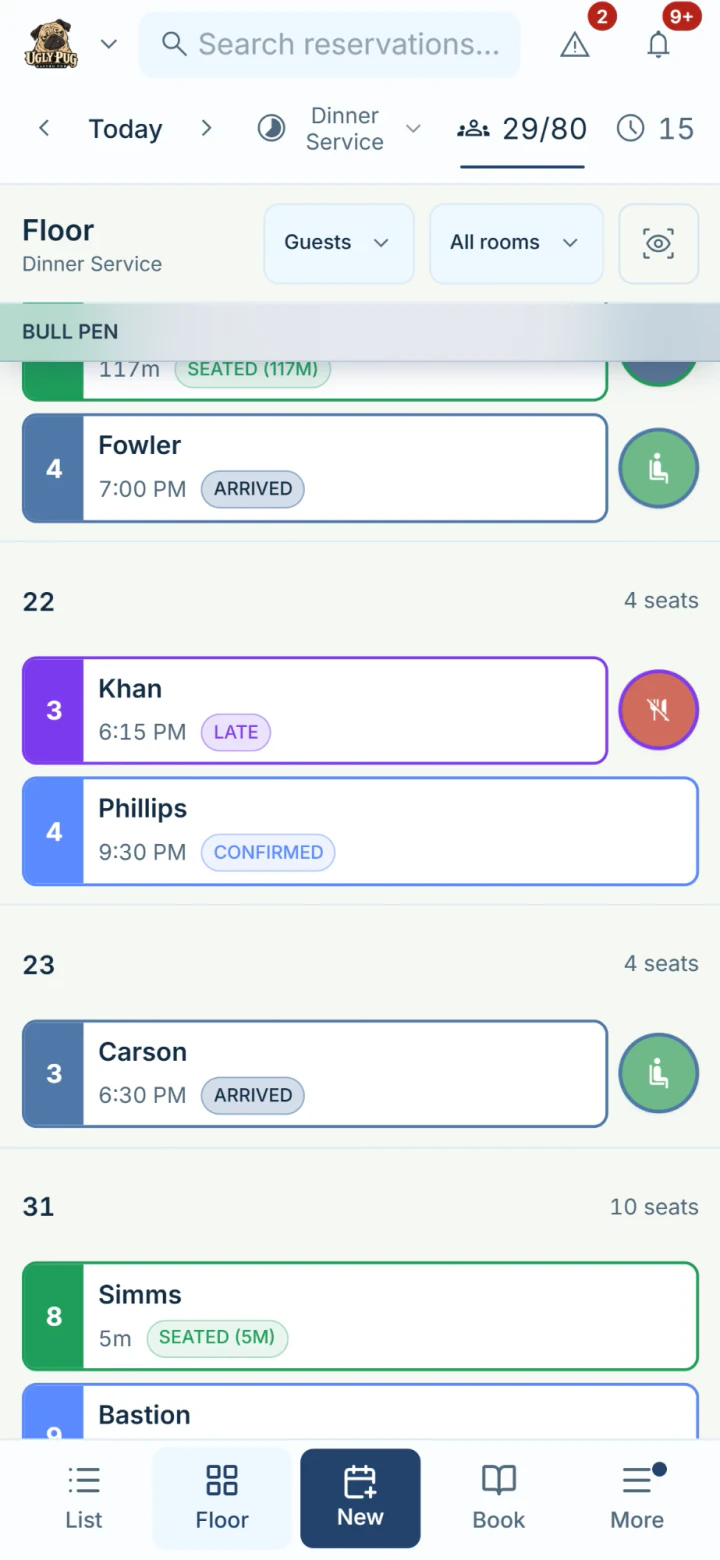 Hostbook on a phone, Floor view: each table listed with its parties and statuses, and a one-tap seat button beside each arrival